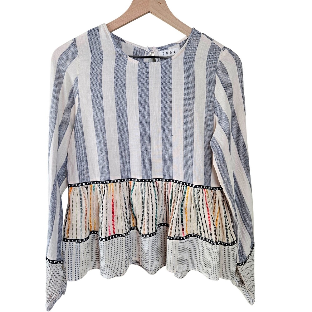 THML Woven Stripe Peplum Blouse Sz S Stripe‎ Peasant Top Long Sleeve Ivory Blue